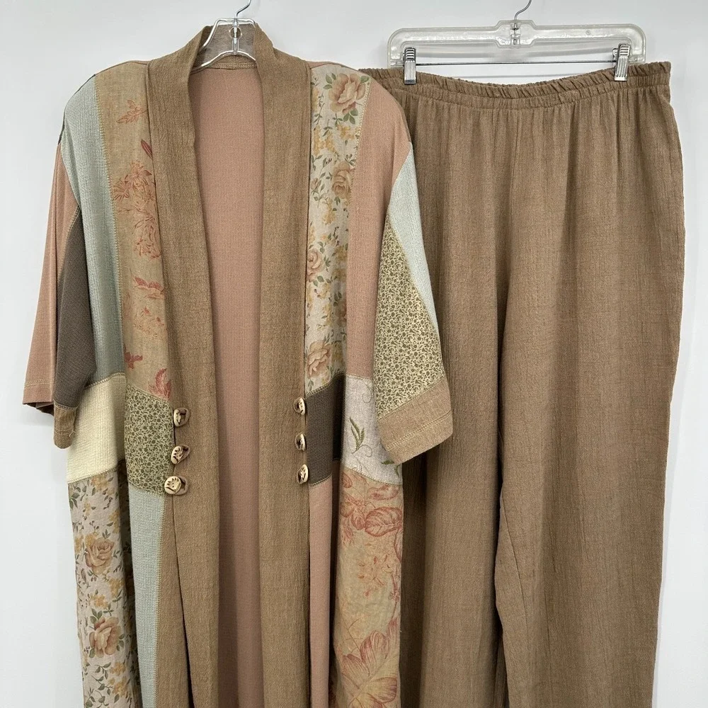 Vintage Spencer Alexis Jacket Pant‎ Set 2X Linen Blend Lagenlook Patchwork USA - Picture 2 of 16